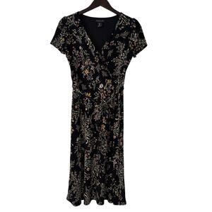 Rachel Zoe Belted Faux Wrap Dress Women's Small Black Floral Midi Soft Stretch
